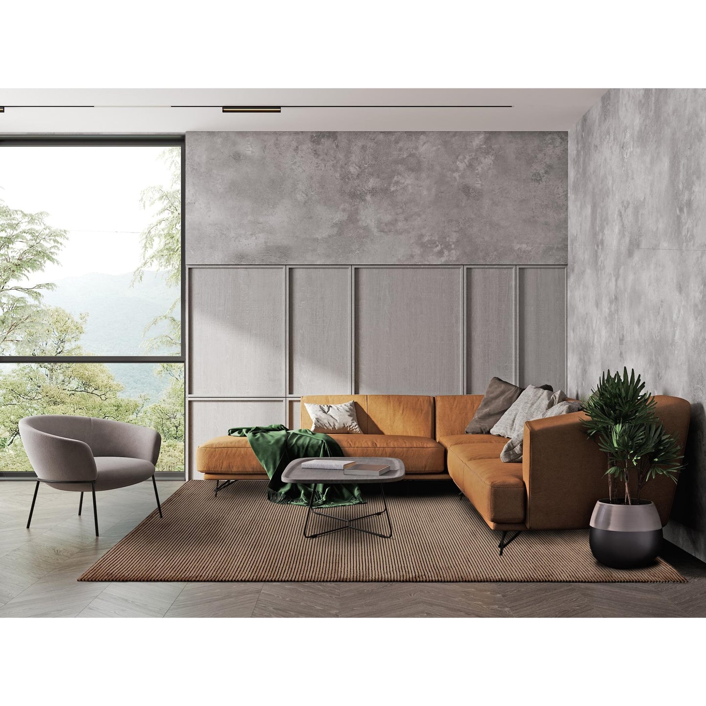 Kuza Plain Stripe Soft Silky Velvety Modern Rug in Terracotta
