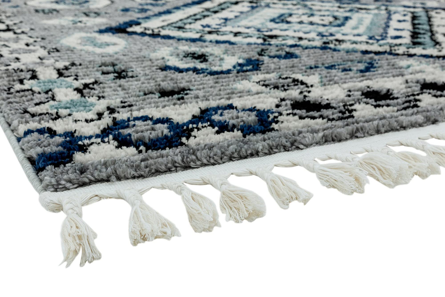 Cyrus CY08 Nomadic Moroccan Berber Kilim Style Blue Grey Fringed Rug