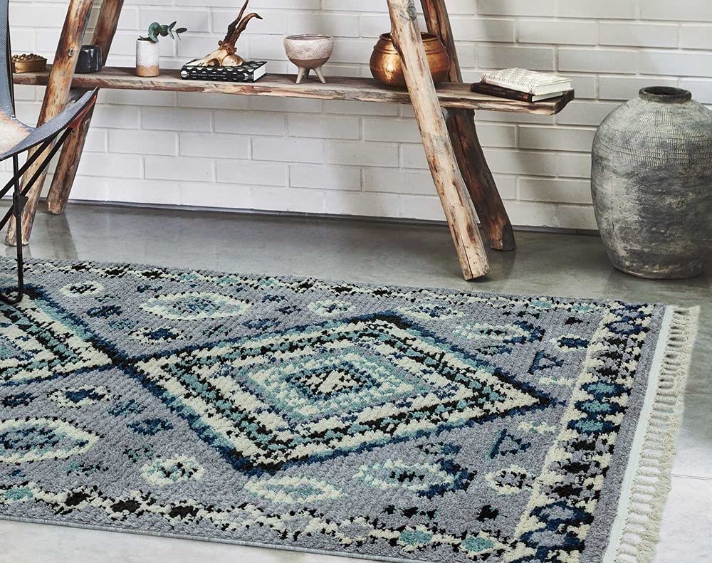 Cyrus CY08 Nomadic Moroccan Berber Kilim Style Blue Grey Fringed Rug