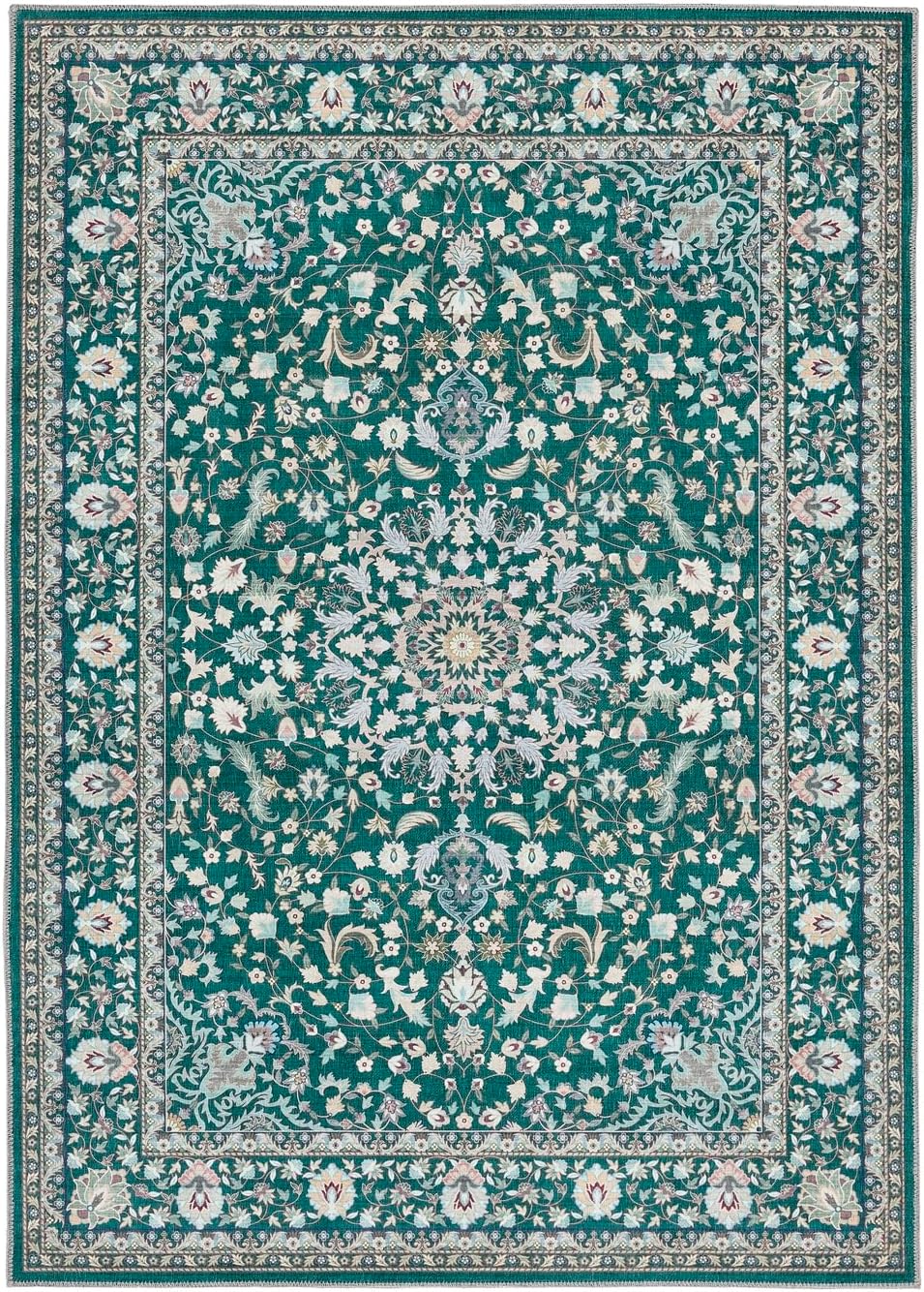 Windsor Emerald Green Washable Rug – Traditional Vintage Non-Slip Carpet