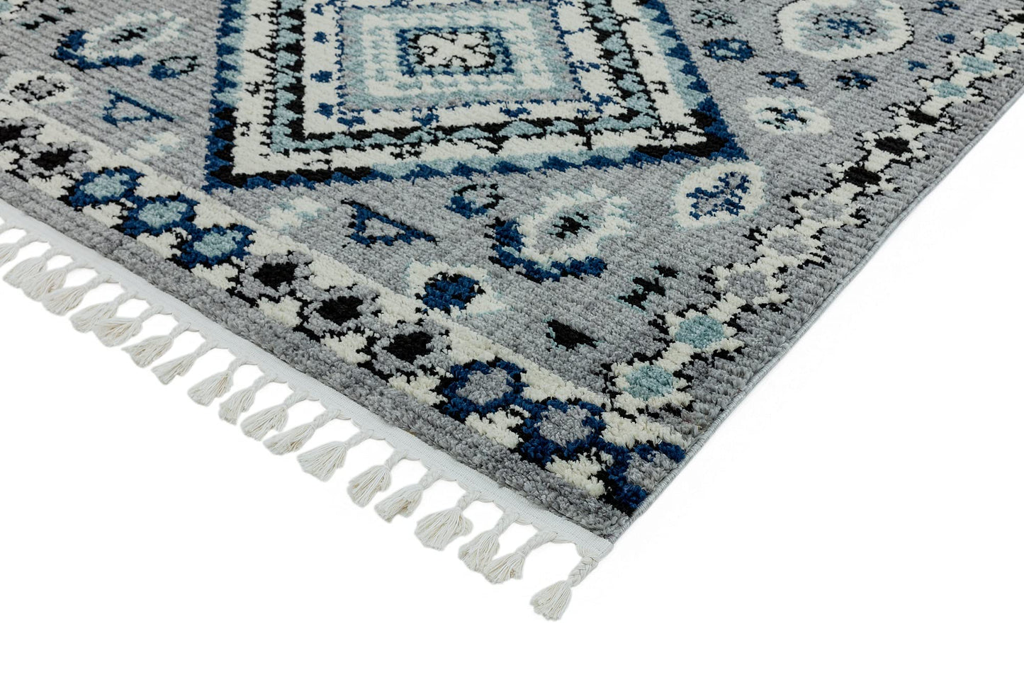 Cyrus CY08 Nomadic Moroccan Berber Kilim Style Blue Grey Fringed Rug