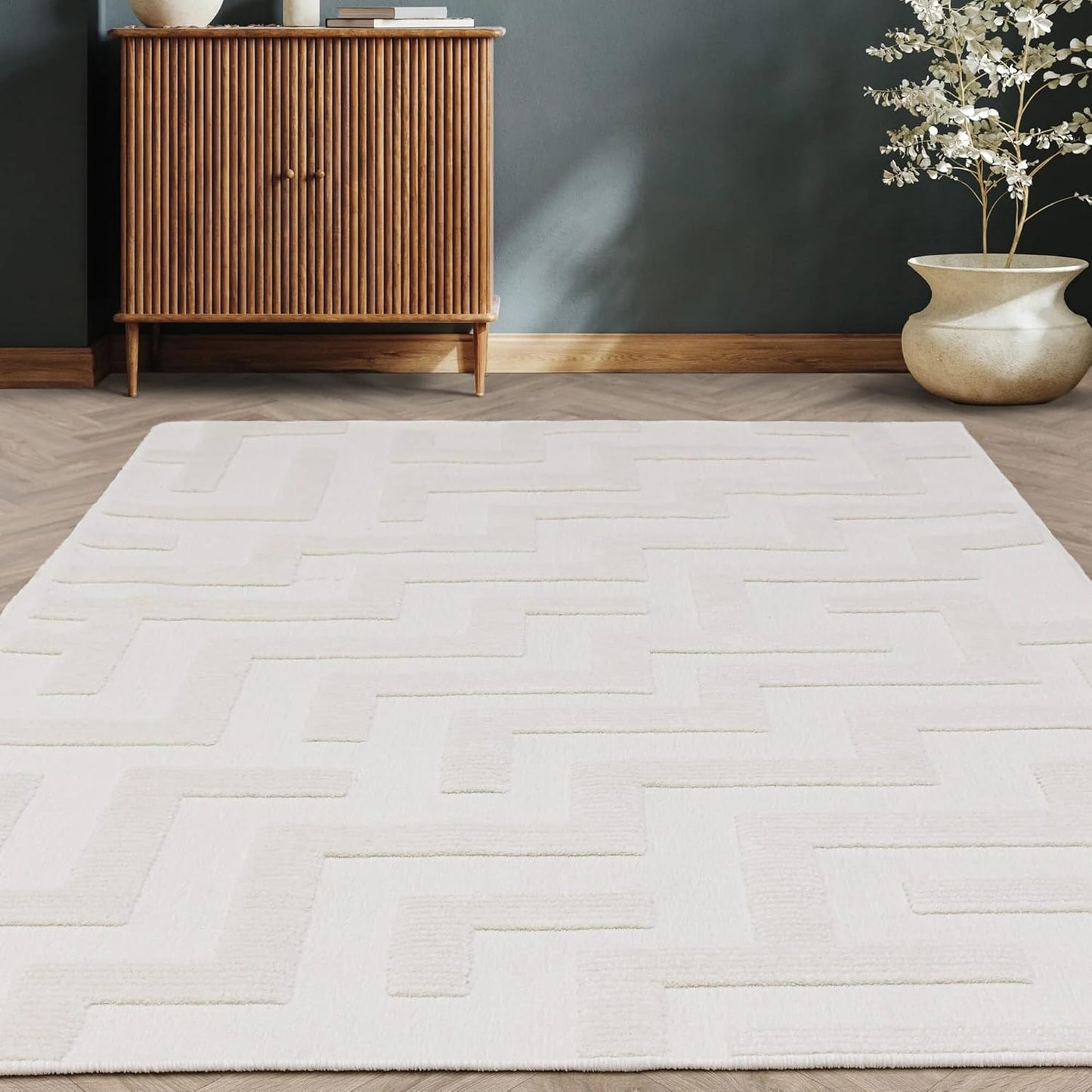 Cove Ivory Washable Rug – Soft Abstract Short Pile Carpet