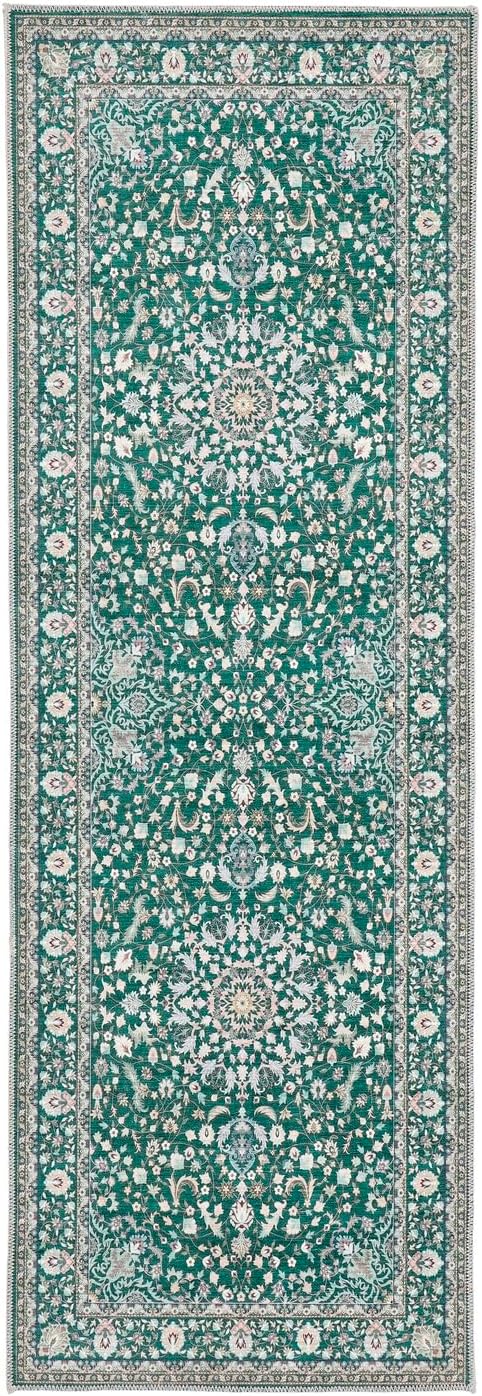 Windsor Emerald Green Washable Runner – Traditional Vintage Non-Slip Hallway Carpet (67 x 200 cm)