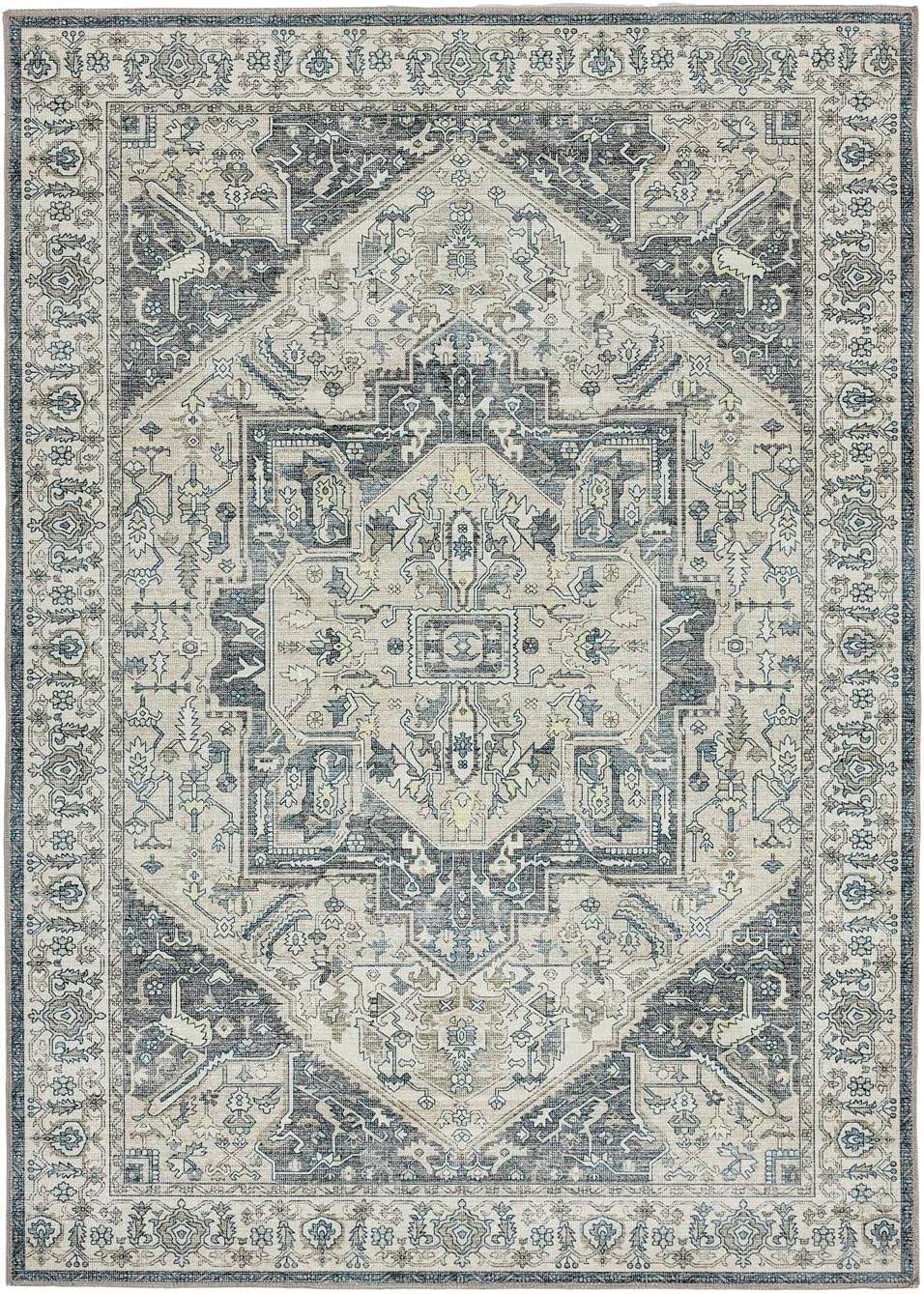 Napoli Blue Grey Yellow Washable Rug – Traditional Vintage Non-Slip Carpet