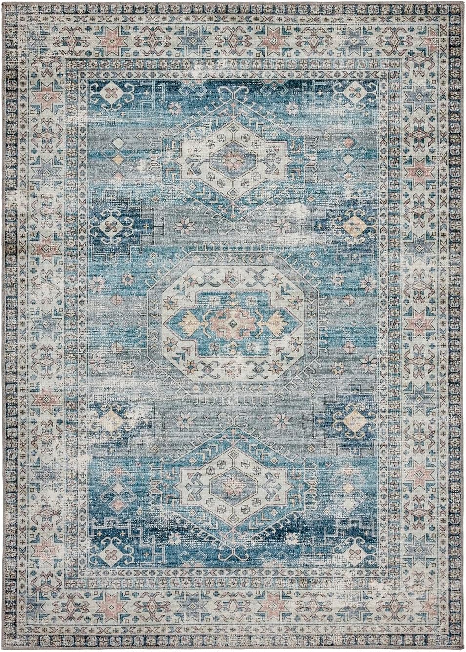 Venice Blue Washable Rug – Traditional Vintage Non-Slip Carpet