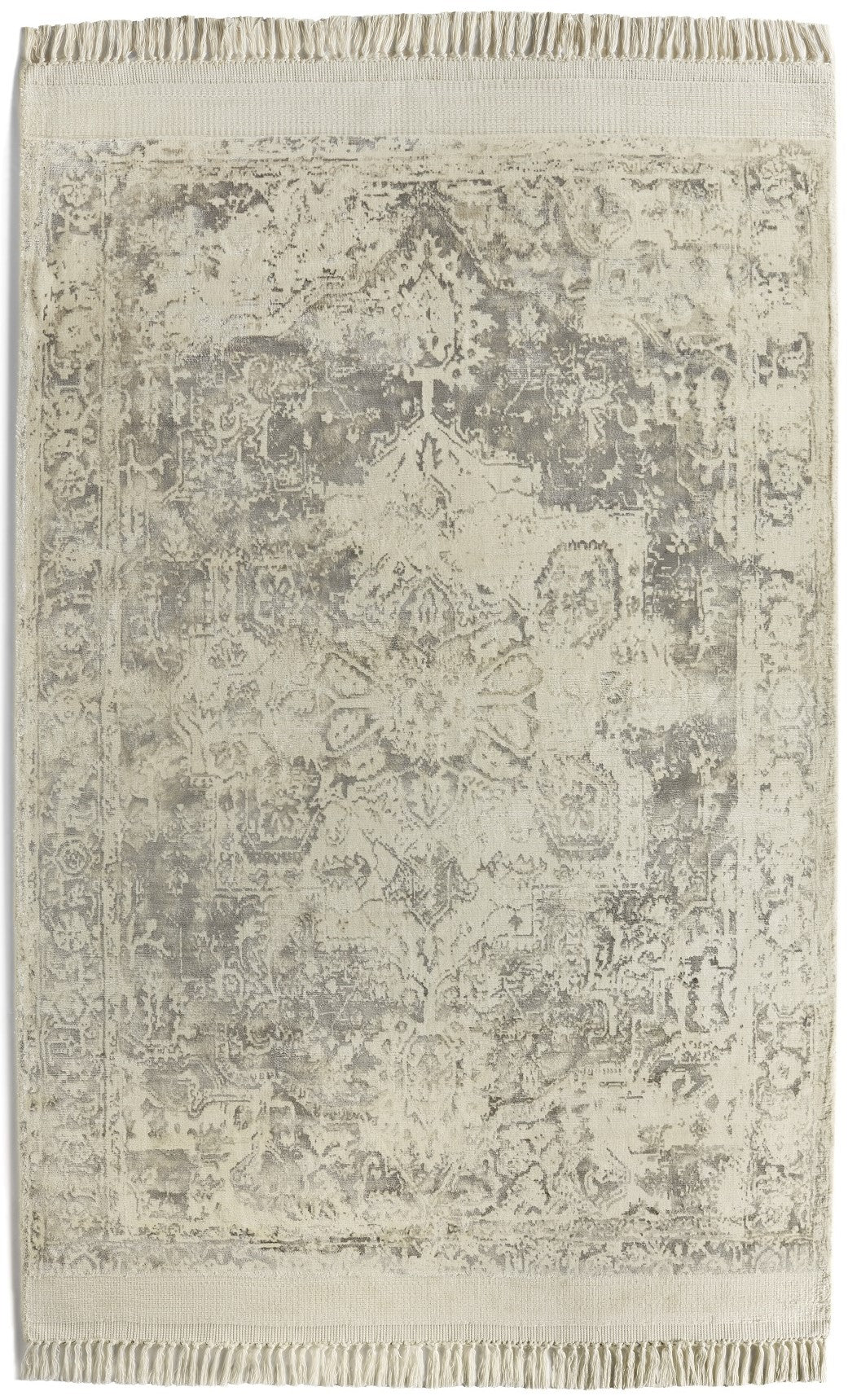 Vintage Fringe Silky Viscose Traditional Distressed Rugs in Mocha Oyster