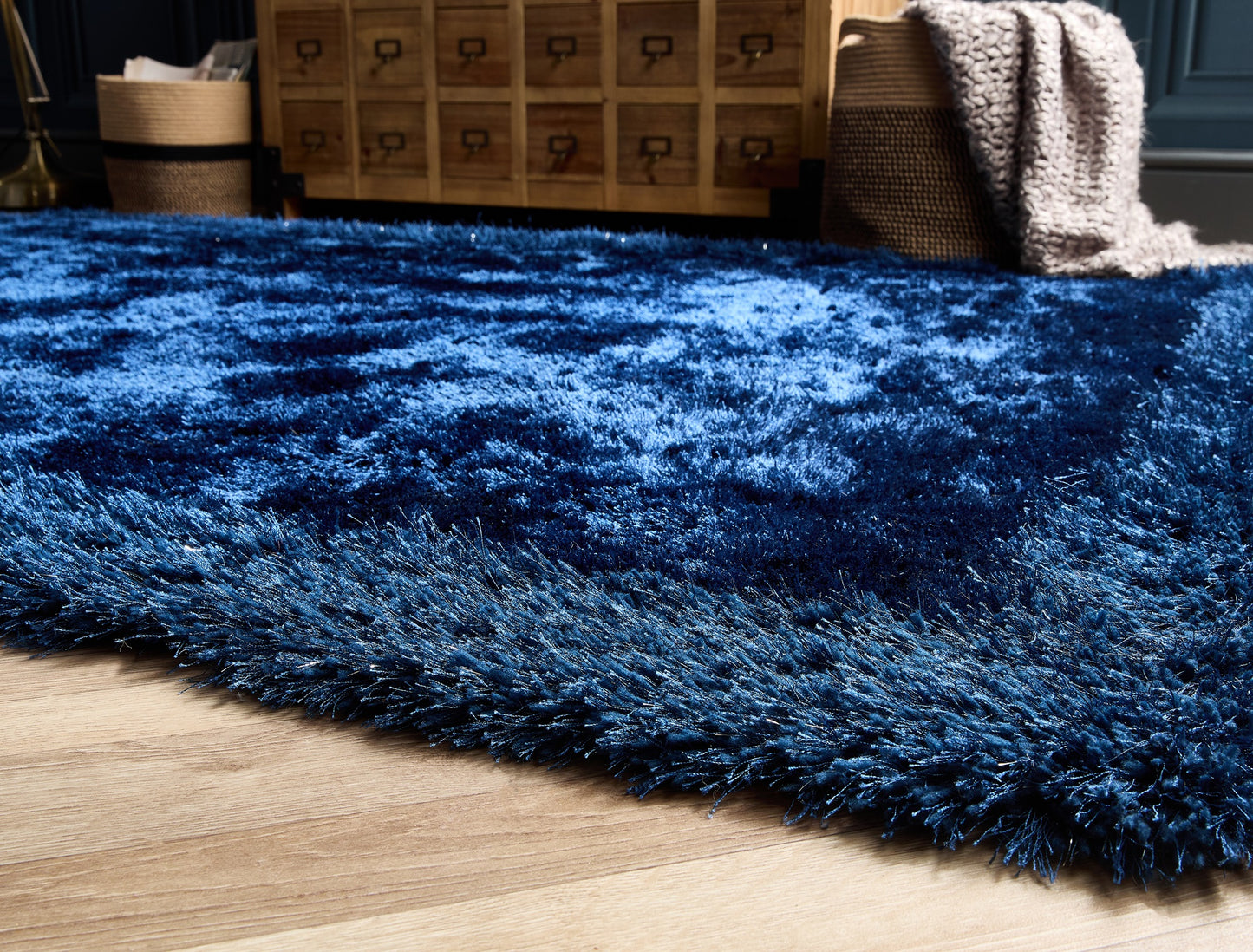Origins Shimmer Silky Shaggy Hand Tufted Carpet Border Modern Soft Fluffy Shag Rug in Indigo Blue