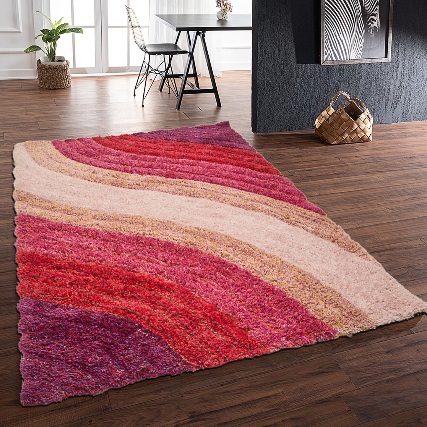 Shaggy Rug for Living Room Bedroom Dining Room Carpet Soft Plush Fluffy Silky Area Floor Lena Wave Pattern 3D Shaggy Rug in Large Size 160x230 cm (5'3"x7'7")