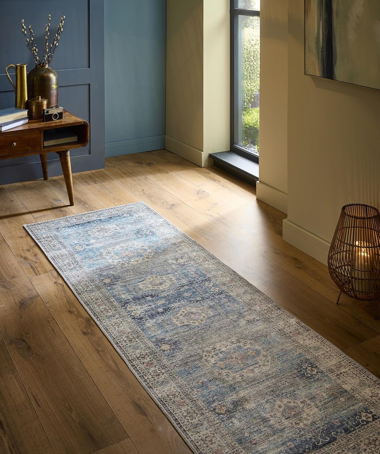 Venice Blue Washable Runner – Traditional Vintage Non-Slip Hallway Carpet (67 x 200 cm)