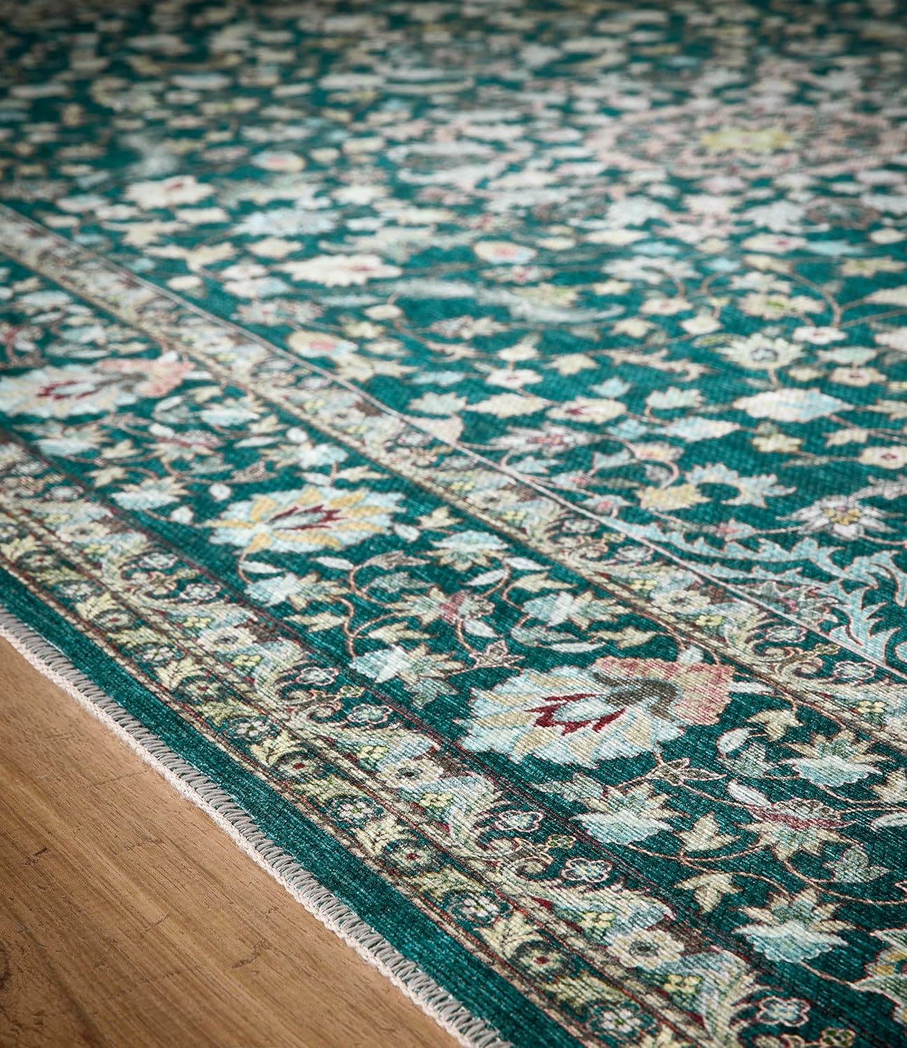 Windsor Emerald Green Washable Rug – Traditional Vintage Non-Slip Carpet