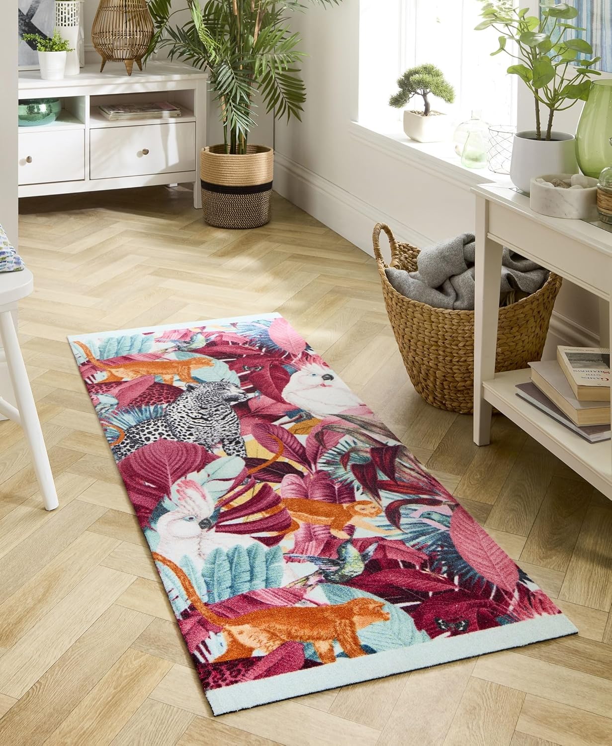 Washable Studio Tropical Rug Non-Slip Mat for Kitchen Hallway Entrance – Multi-Coloured Exotic Palms Rug – 65x150 cm (2’2” x 5’)