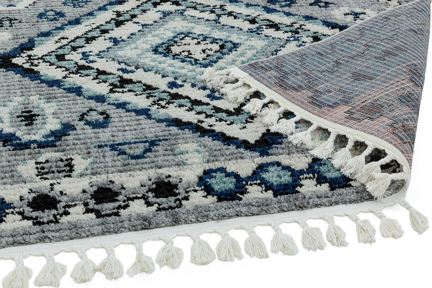 Cyrus CY08 Nomadic Moroccan Berber Kilim Style Blue Grey Fringed Rug