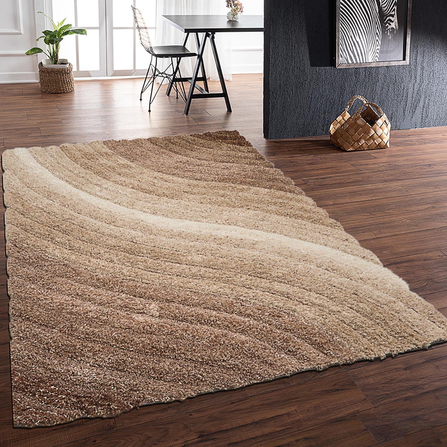 Shaggy Rug for Living Room Bedroom Dining Room Carpet Soft Plush Fluffy Silky Area Floor Lena Wave Pattern 3D Shaggy Rug in Large Size 160x230 cm (5'3"x7'7")