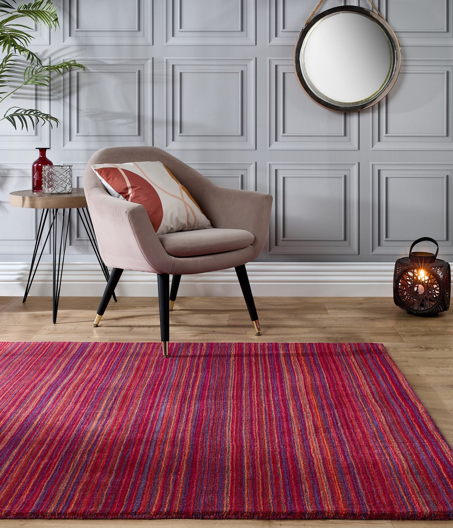 Origins Fine Stripes Hand Loom Woven Wool Rug Halway in Purple Pink
