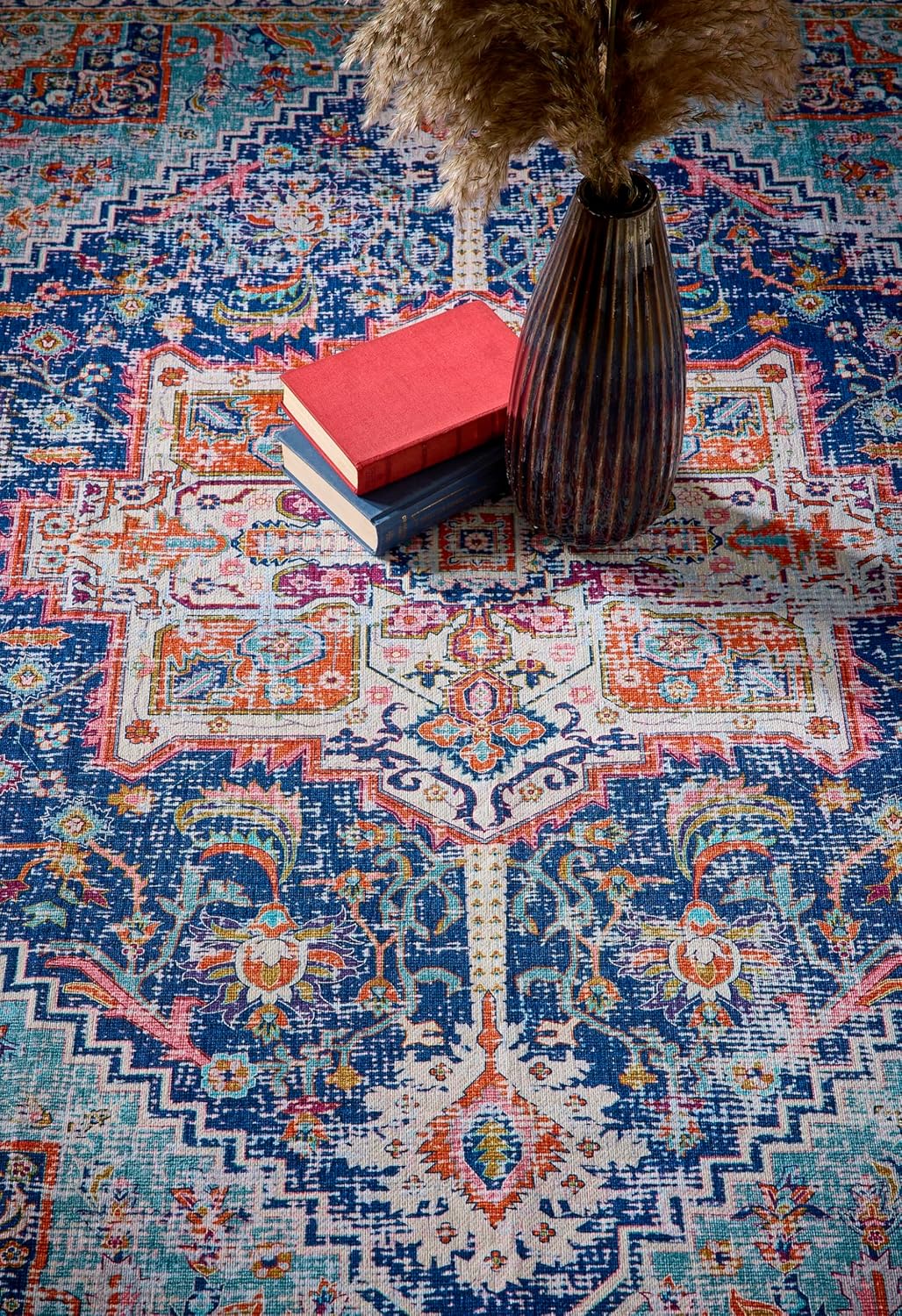 Granada Blue Emerald Washable Runner – Traditional Vintage Non-Slip Hallway Carpet (67 x 200 cm)