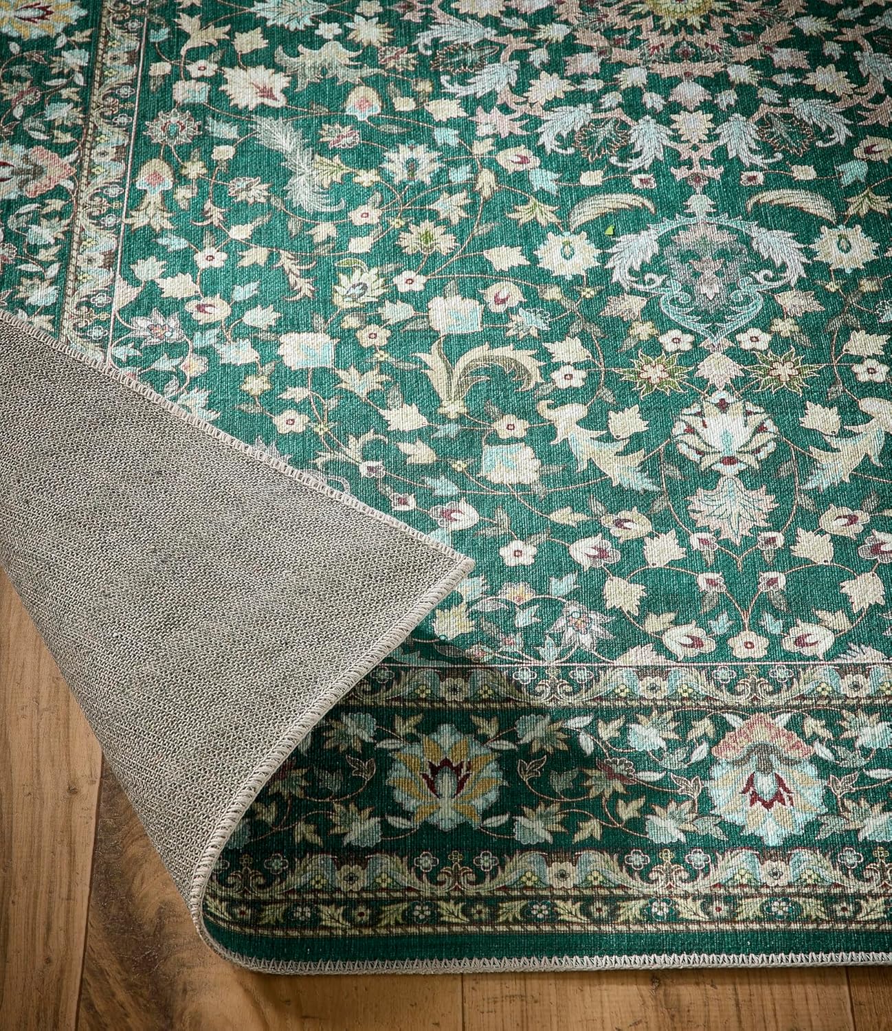 Windsor Emerald Green Washable Rug – Traditional Vintage Non-Slip Carpet