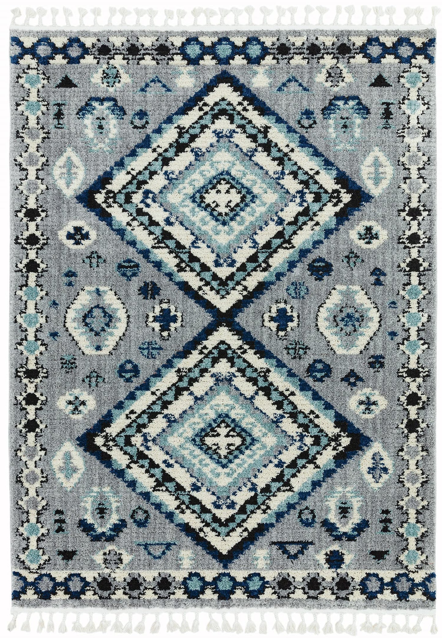 Cyrus CY08 Nomadic Moroccan Berber Kilim Style Blue Grey Fringed Rug