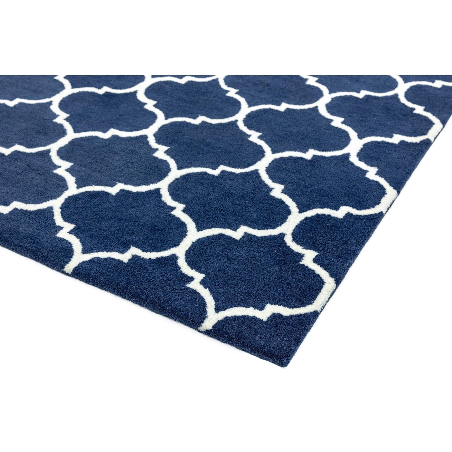 Albany Ogee Traditional Morroccan Trellis Design Hand Tufted Wool Blue Rug in Extra Large Size 200x290 cm (6'7''x9'6'')