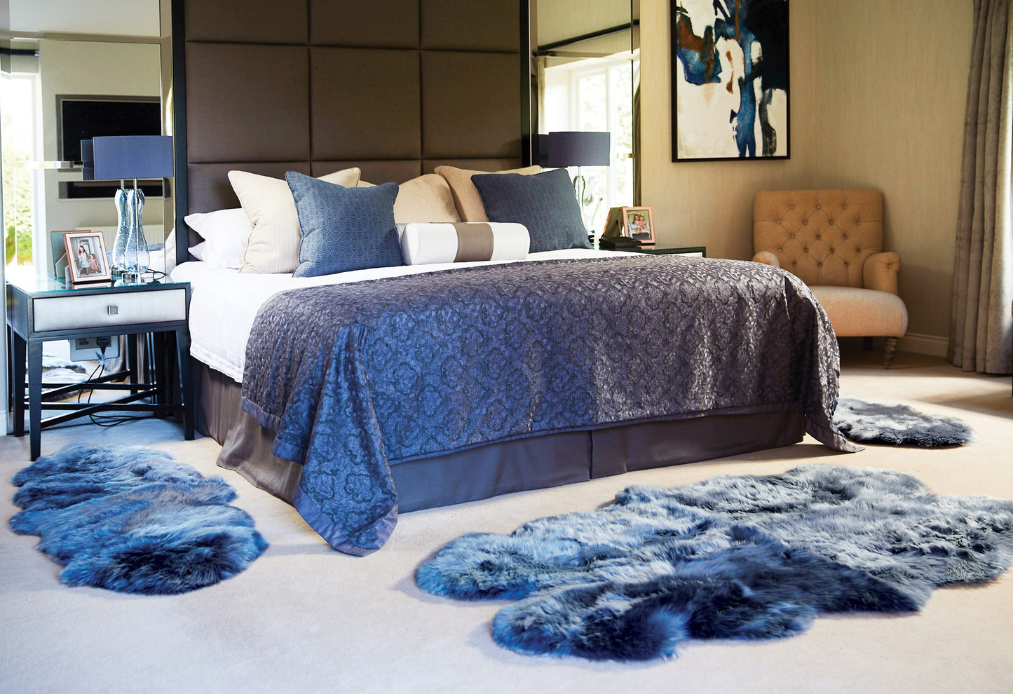 Genuine Sheepskin Animal Fur Soft Wool Shaggy Navy Blue Rug