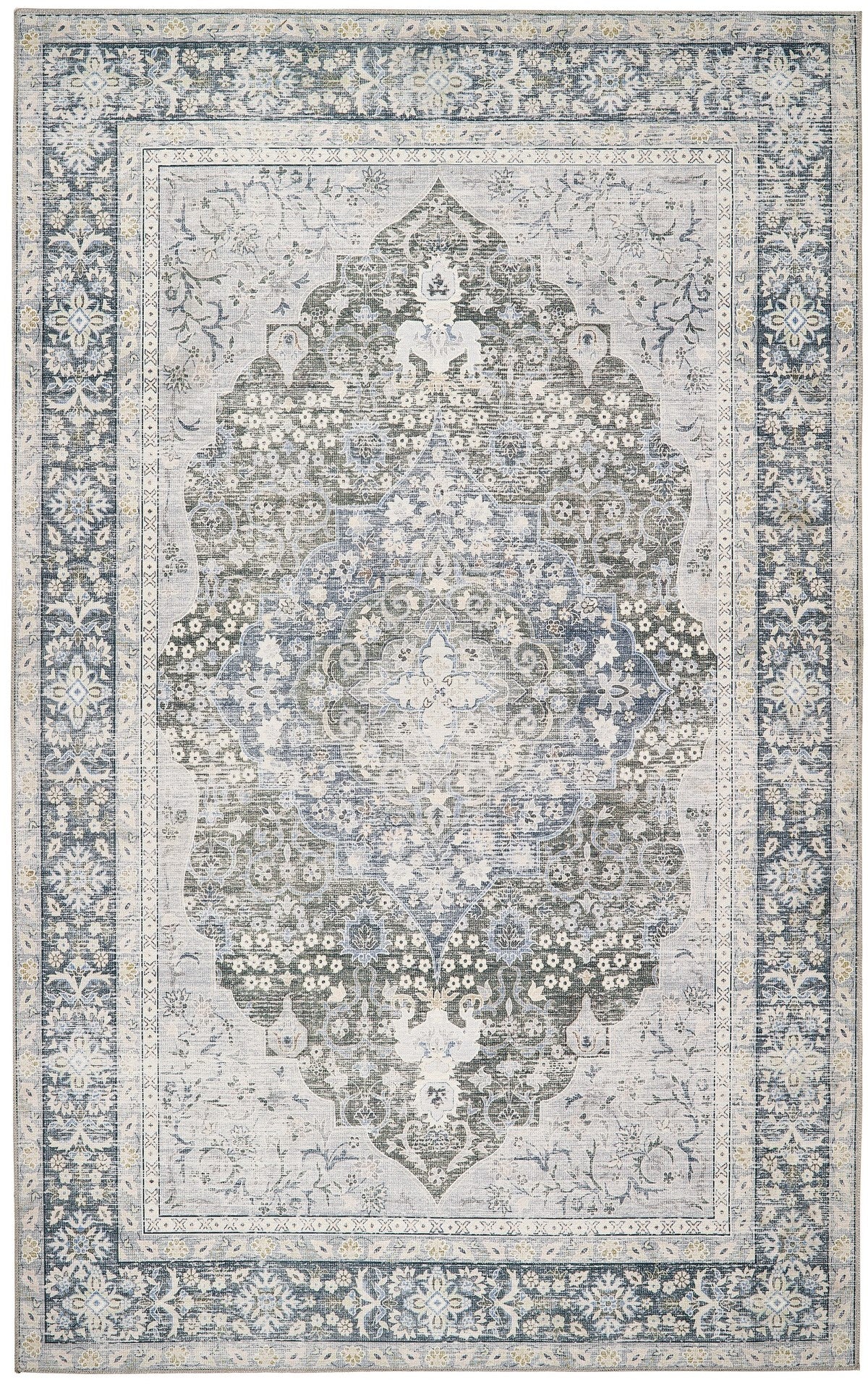 Origins Washable Oakham Traditional Medallion Soft Chenille Rug in Teal Grey Multi