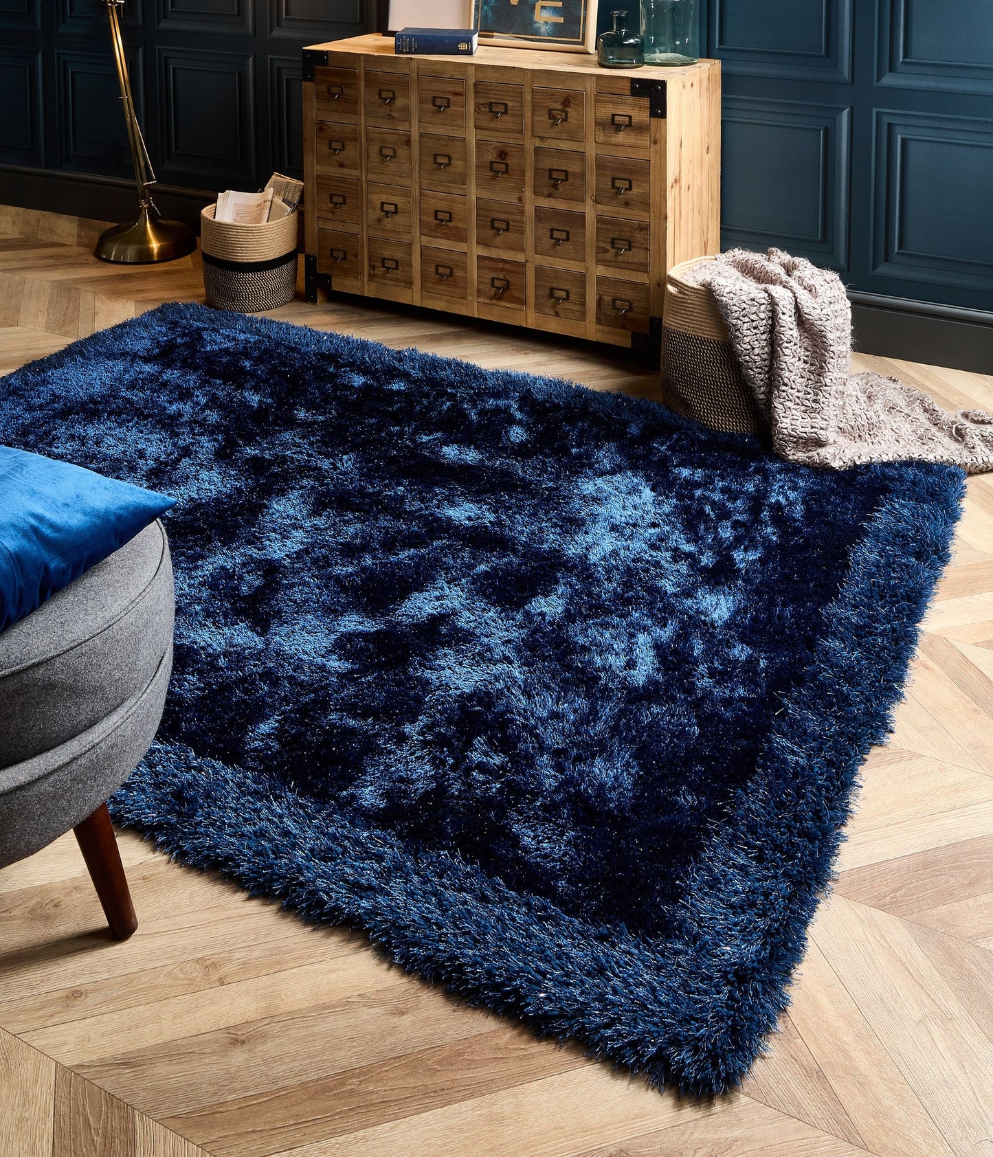 Origins Shimmer Silky Shaggy Hand Tufted Carpet Border Modern Soft Fluffy Shag Rug in Indigo Blue