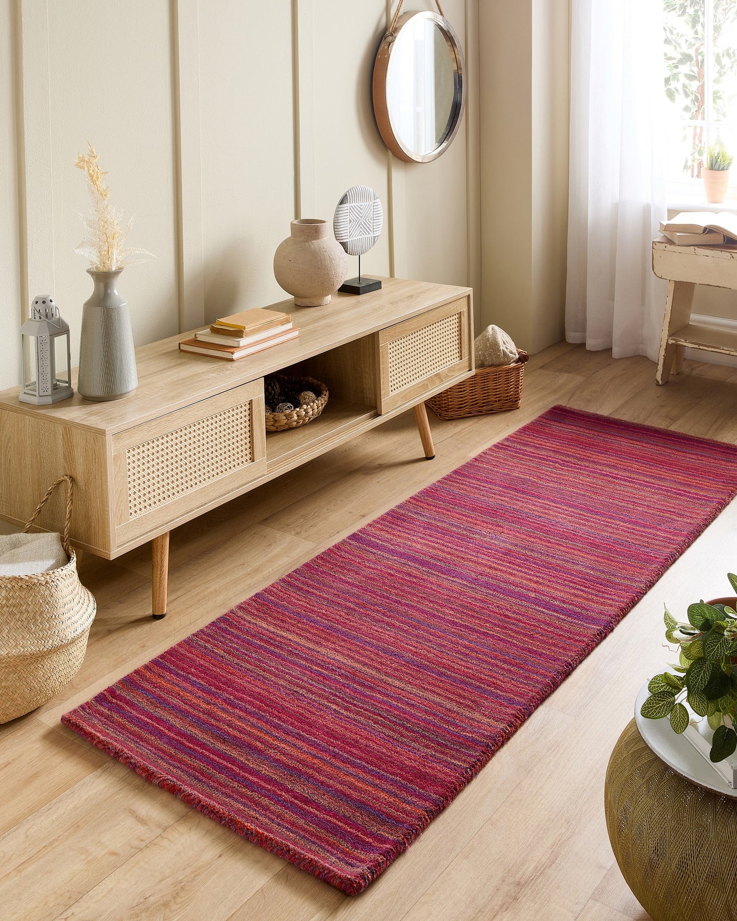 Origins Fine Stripes Hand Loom Woven Wool Rug Halway in Purple Pink