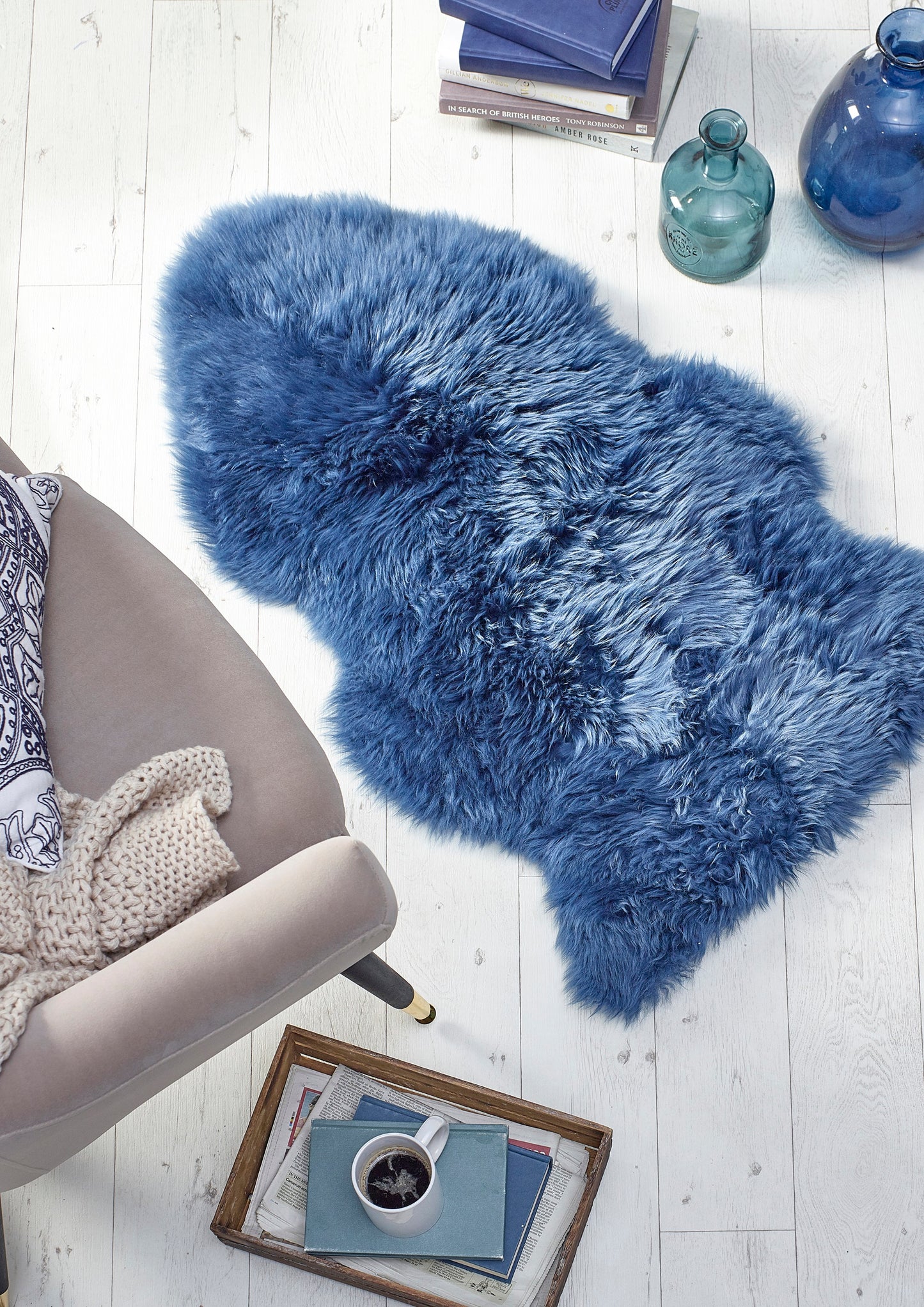Genuine Sheepskin Animal Fur Soft Wool Shaggy Navy Blue Rug