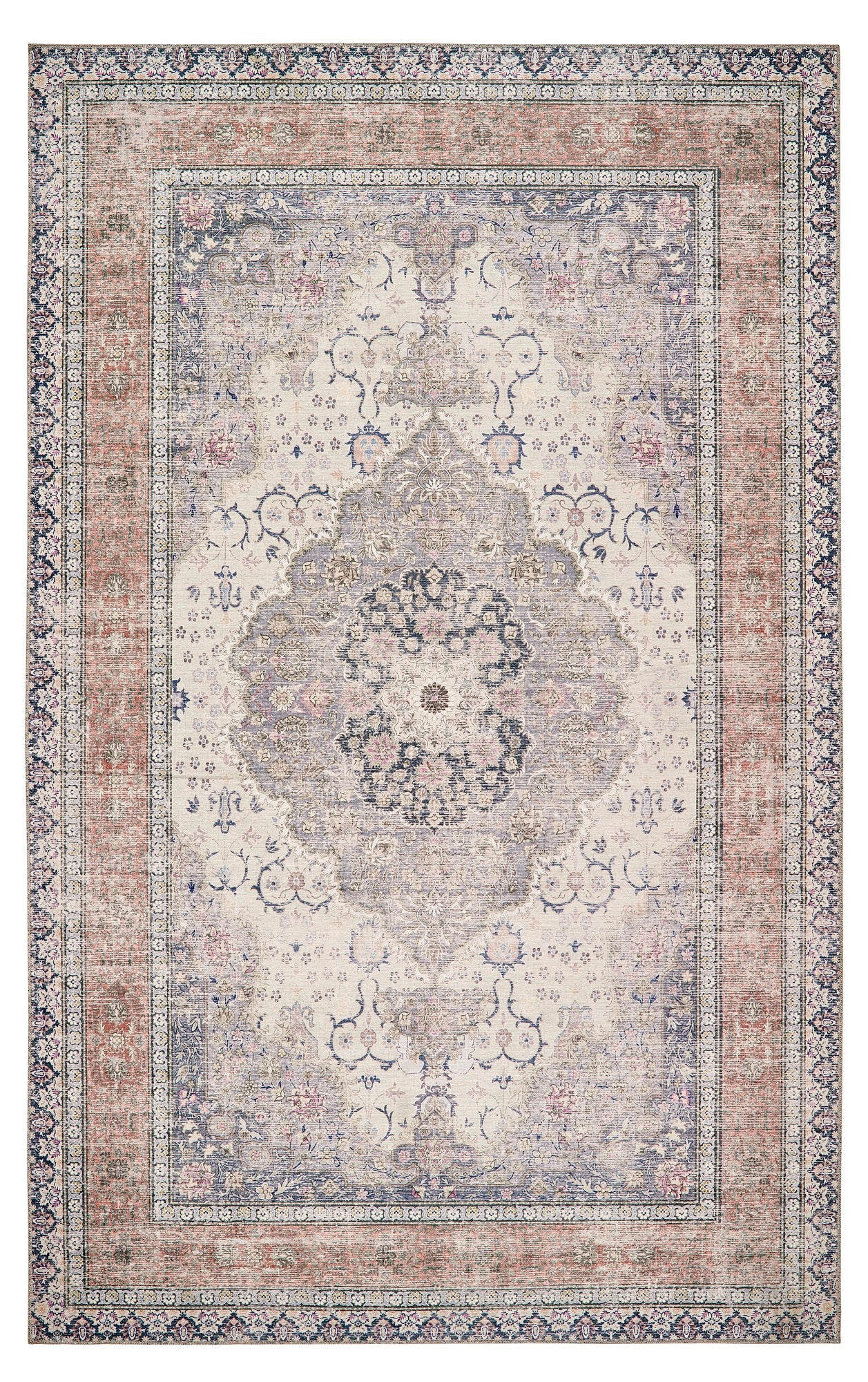 Origins Washable Croft Traditional Medallion Soft Chenille Rug in Blue Rust Multi