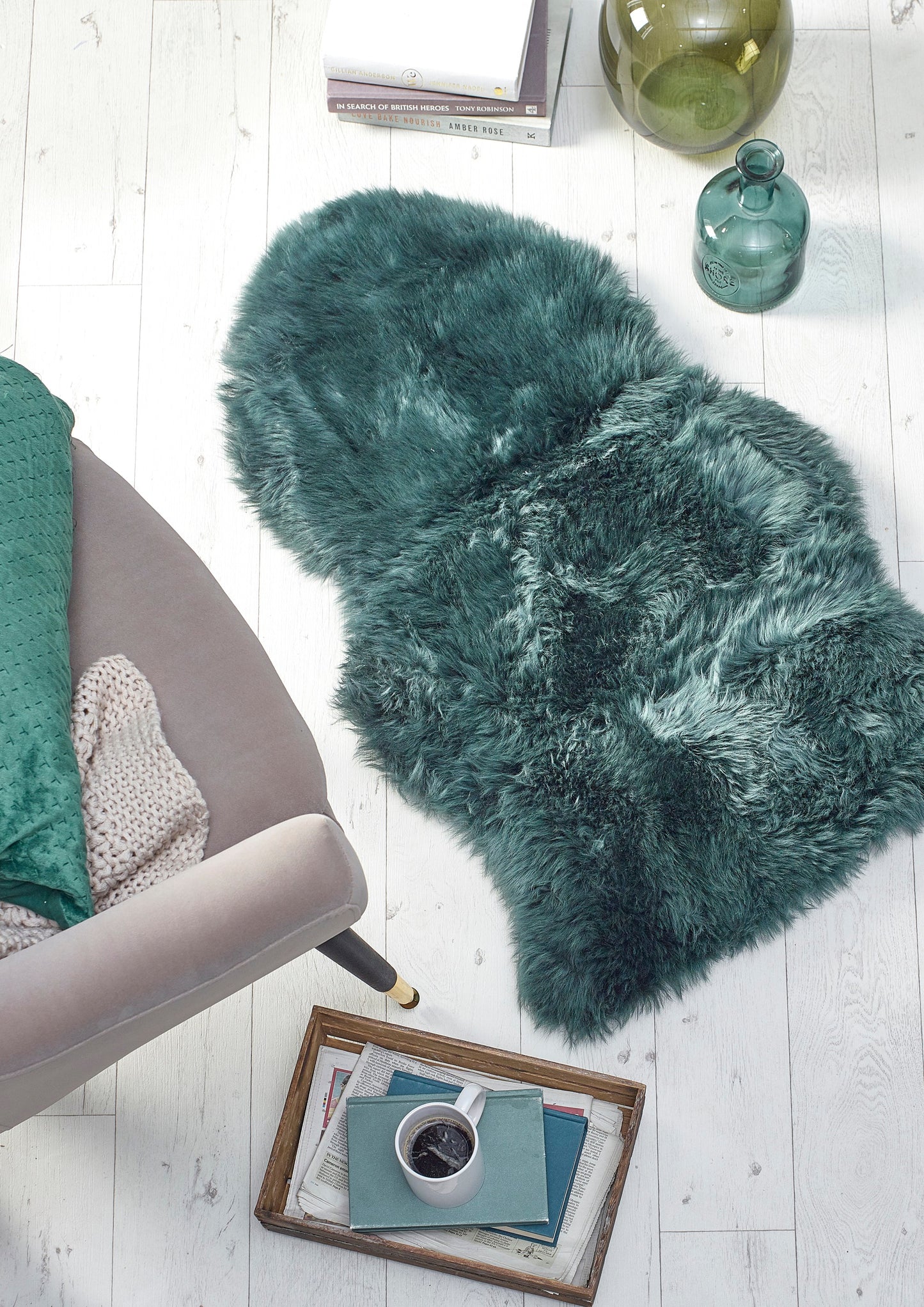 Genuine Sheepskin Animal Fur Soft Wool Shaggy Adobe Forest Green Rug