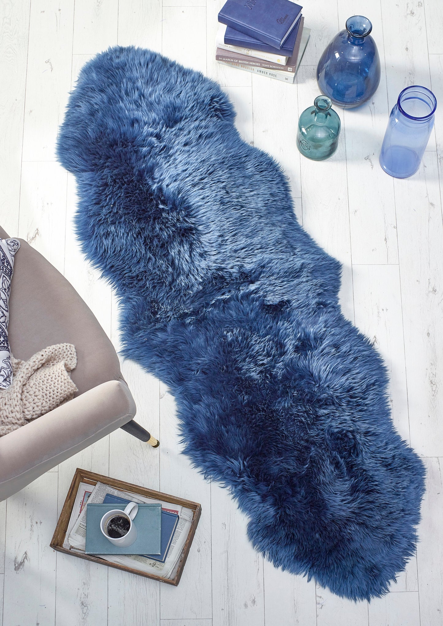 Genuine Sheepskin Animal Fur Soft Wool Shaggy Navy Blue Rug