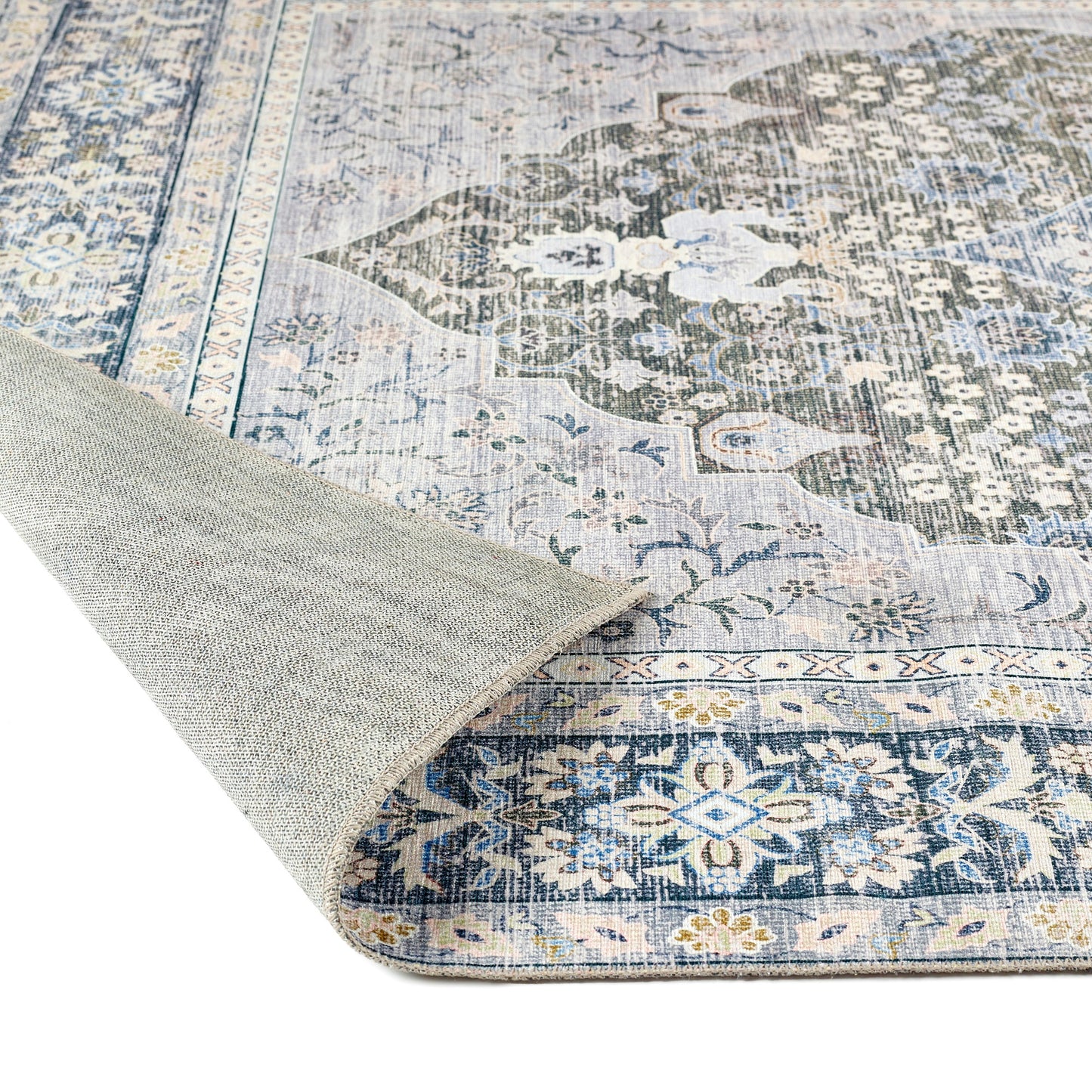 Origins Washable Oakham Traditional Medallion Soft Chenille Rug in Teal Grey Multi