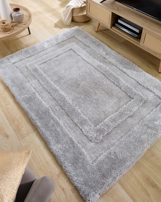 Origins Frame Hand Tufted Soft Silky Thick Shaggy Rug in Silver