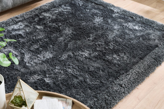 Origins Shimmer Silky Shaggy Hand Tufted Carpet Border Modern Soft Fluffy Shag Rug in Charcoal