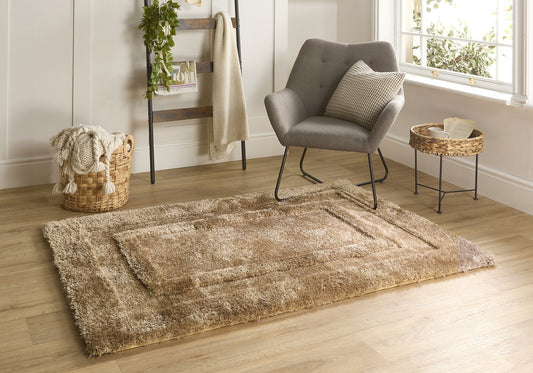 Origins Frame Hand Tufted Soft Silky Thick Shaggy Rug in Latte