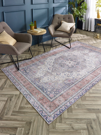 Origins Washable Croft Traditional Medallion Soft Chenille Rug in Blue Rust Multi