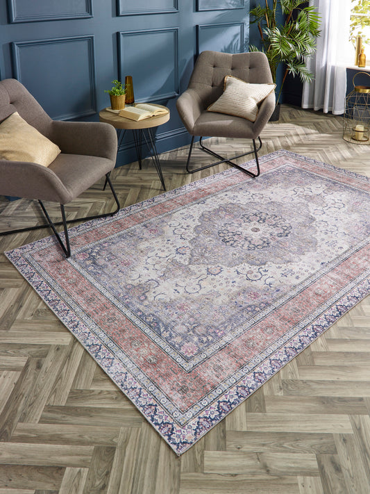Origins Washable Croft Traditional Medallion Soft Chenille Rug in Blue Rust Multi