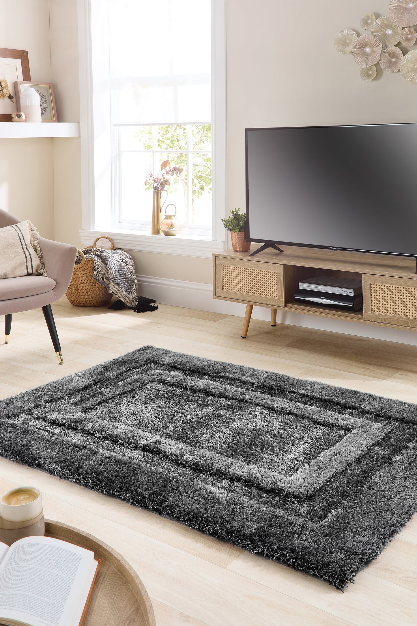 Origins Frame Hand Tufted Soft Silky Thick Shaggy Rug in Charcoal Grey