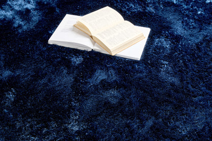 Origins Shimmer Silky Shaggy Hand Tufted Carpet Border Modern Soft Fluffy Shag Rug in Indigo Blue
