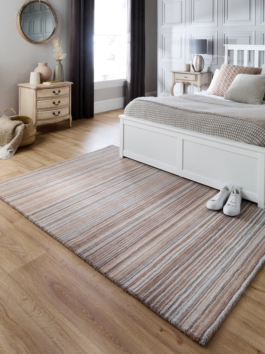 Origins Fine Stripes Hand Loom Woven Wool Rug Halway in Beige