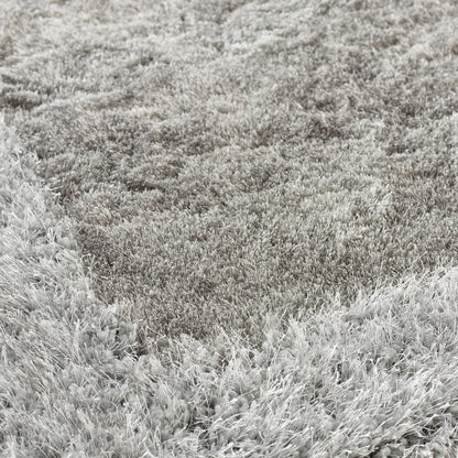 Origins Shimmer Silky Shaggy Hand Tufted Carpet Border Modern Soft Fluffy Shag Rug in Silver