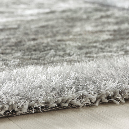 Origins Shimmer Silky Shaggy Hand Tufted Carpet Border Modern Soft Fluffy Shag Rug in Silver