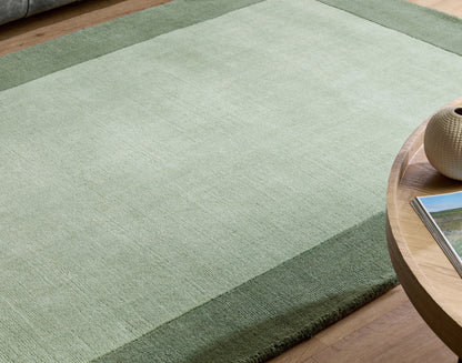 Origins Borders Hand Loom Woven Wool Bordered Rug Hallway in Sage Green