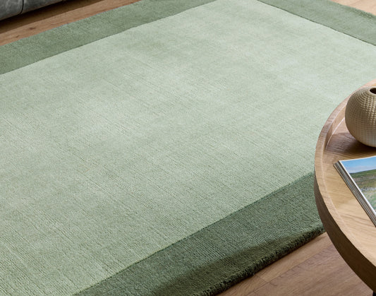 Origins Borders Hand Loom Woven Wool Bordered Rug Hallway in Sage Green