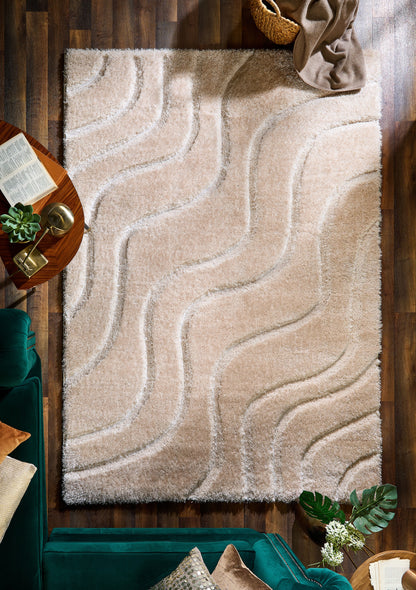 Origins Soft Carved Wave Silky Shine Shaggy Modern Rug in Cream