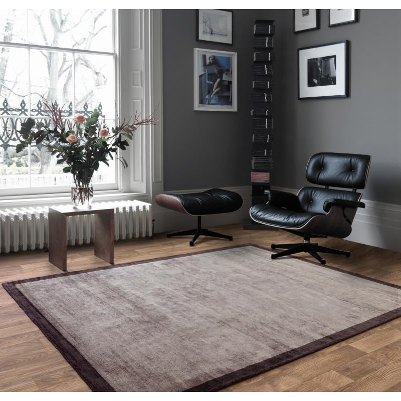 Blade Border Plain Viscose Rug - Handwoven Distressed High-Sheen Silky Soft Luxury