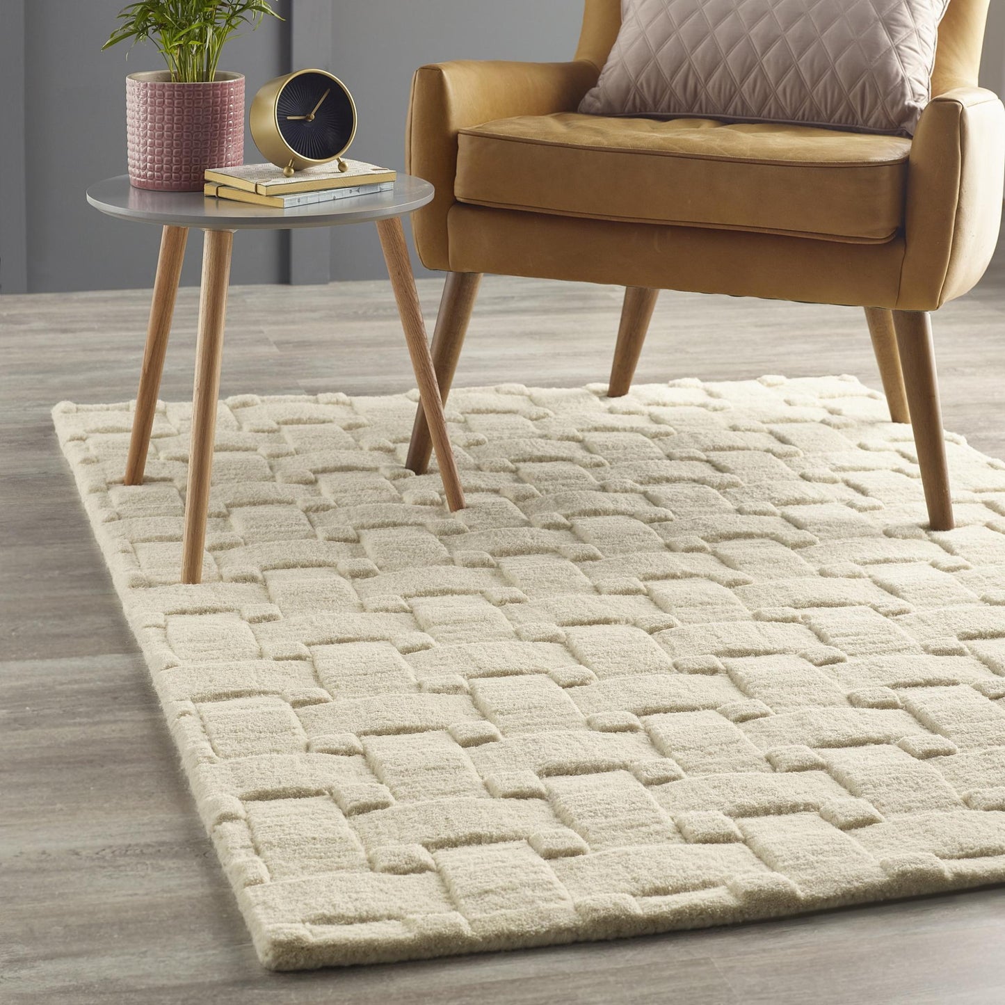 Basketweave 3D Geometric Handmade Wool Rug in Ivory by Origins