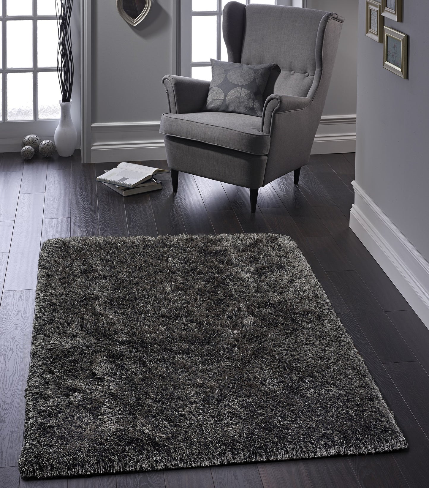 Ritzy Plain Shaggy Soft Fluffy Silky High Pile Charcoal Grey Rug