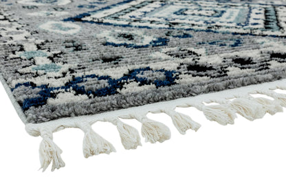 Cyrus CY08 Nomadic Moroccan Berber Kilim Style Blue Grey Fringed Rug