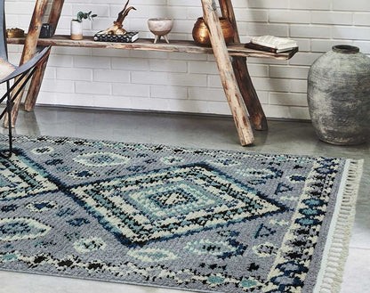 Cyrus CY08 Nomadic Moroccan Berber Kilim Style Blue Grey Fringed Rug