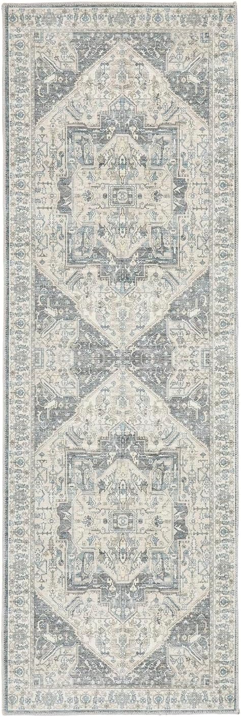 Napoli Blue Grey Yellow Washable Runner – Traditional Vintage Non-Slip Hallway Carpet (67 x 200 cm)